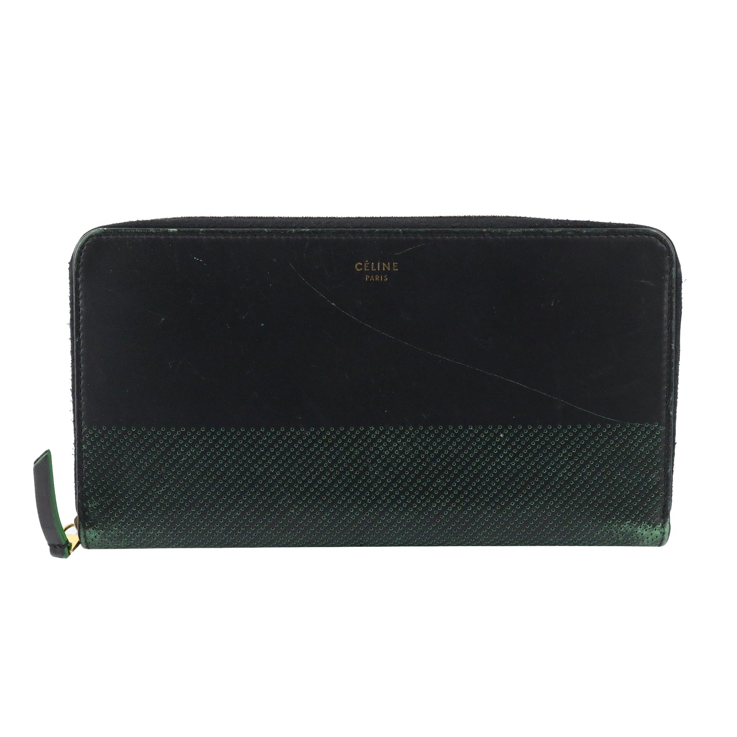 Black x Green Leather Zippy Long Wallet